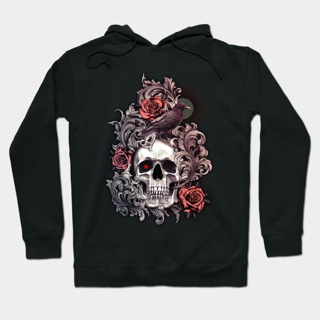 Skull Crow with Roses and Filigree Hoodie by bomazu